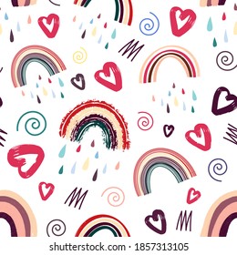 Cute rainbow and hearts seamless pattern. Romantic pattern for Valentine's Day. Vector 