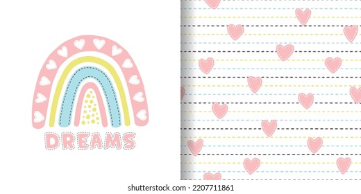 Cute rainbow with hearts seamless pattern. Repeating pink cartoon design for prints. Baby background. Repeated children patern. Repeat rainbows printing. Abstract kid printed. Vector illustration