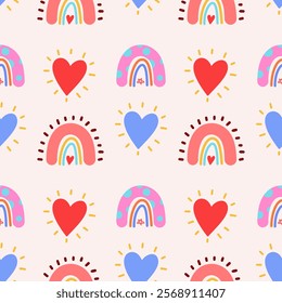 Cute rainbow and hearts Valentine seamless pattern.