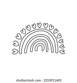 Cute rainbow with hearts vector illustration. Doodle lovely rainbow hand drawn