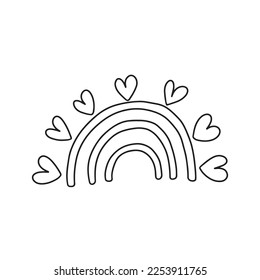 Cute rainbow with hearts vector illustration. Doodle lovely rainbow hand drawn