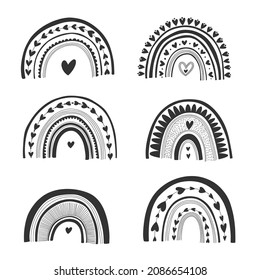 Cute rainbow with hearts. Vector set. Isolated illustration on white. Perfect for decoration,  logo design, kids invitation, greeting cards.