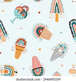 Cute Rainbow Ice Cream. Seamless Vector Pattern for Kids with Cartoon Colorful Ice-Cream Rainbows in Waffle Cups and Cones, Popsicle. Perfect Childish Background for Birthday Party, Baby Fashion.