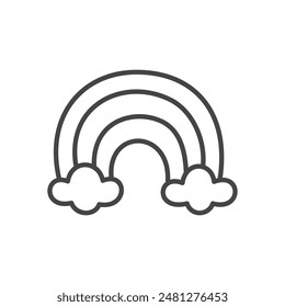 Cute rainbow icon. Hand drawn monochrome illustration of a rainbow with clouds isolated on a white background. Kawaii sticker. Vector 10 EPS.