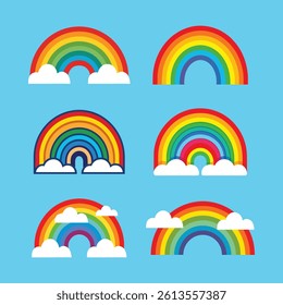 Cute Rainbow Icon Set with Clouds Flat Colorful Vector Design.