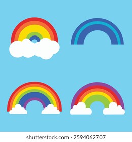 Cute Rainbow Icon Set - Colorful Cartoon Rainbows with Clouds.