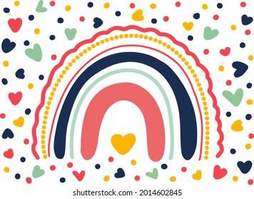 Ilustración Cute Arcoiris. Fenómeno del tiempo vectorial colorido con puntos de polka y elemento de diseño de corazones.
