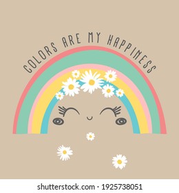 cute rainbow illustration with daisies, for t-shirt print