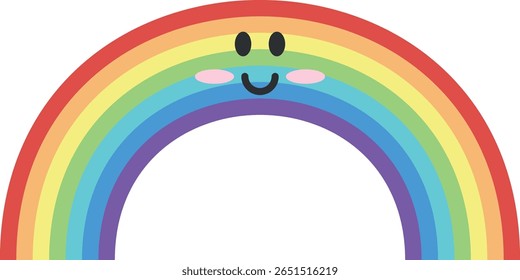 Ilustração bonita do arco-íris com sete cores vibrantes, rosto sorridente, bochechas cor-de-rosa e olhos pretos. Design vetorial mínimo transmitindo felicidade e positividade.