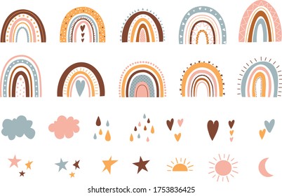 Cute Rainbow Illustrations and elements like Clouds Raindrops Sun Stars and Moon. Rainbow Doodle vector elements.