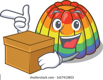 Cute rainbow jelly cartoon character having a box