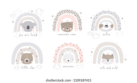 Cute rainbow and koala, bear, fox, bunny, sloth, leopard - vector print for baby. Vector print for creating posters, invitations, cards and wall decor 