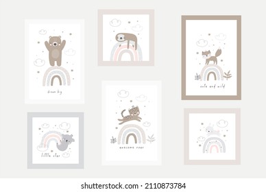 Cute rainbow and koala, bear, fox, bunny, sloth, leopard - vector print for baby. Vector print for creating posters, invitations, cards and wall decor 