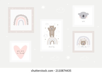 Cute rainbow and koala, bear, leopard - vector print for baby. Vector print for creating posters, invitations, cards and wall decor 