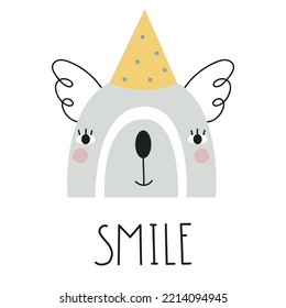Cute rainbow with koala face and lettering SMILE. Nursery art. Vector illustration