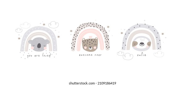 Cute rainbow and koala, sloth, leopard - vector print for baby. Vector print for creating posters, invitations, cards and wall decor 