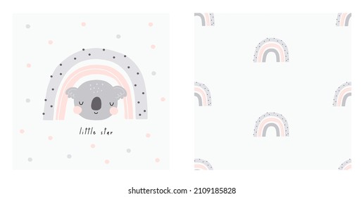 Cute rainbow and koala - vector print for baby. Illustration with character koala. Vector print for creating posters, invitations, cards and wall decor  