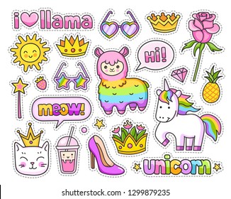 Cute rainbow llama, alpaca, magic unicorn, cat, crown, rose, pineapple, sun, sunglasses, speech bubble. Cartoon style. Colorful stickers, badges, pins, patches. Vector illustration.