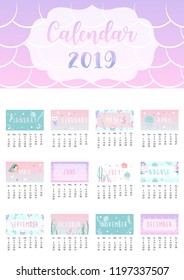 Cute rainbow monthly calendar 2019 with mermaid,caticorn,squid,coral and sea horse.Can be used for web,banner,poster,label and printable