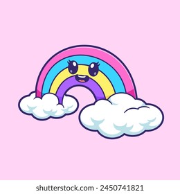 Cute Rainbow On Cloud Cartoon Vector Icon Illustration. Nature Object Icon Concept Isolated Premium Vector. Flat Cartoon Style