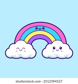 Lindo arco iris en la nube ondeando mano ilustración de Vector de dibujos animados. Concepto de icono de objeto de Naturaleza Vector de Premium aislado. Estilo plano de la historieta