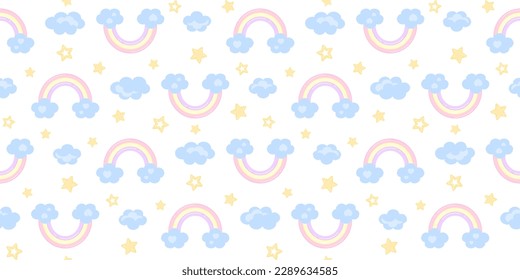 Cute rainbow on clouds with hearts on a white background with yellow stars and blue clouds. Kids endless texture. Vector seamless pattern for cover, wrapping paper, giftwrap, surface texture and print