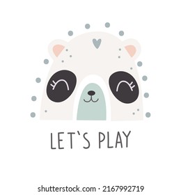 Cute rainbow with panda face and lettering LETS PLAY. Nursery art. Vector illustration