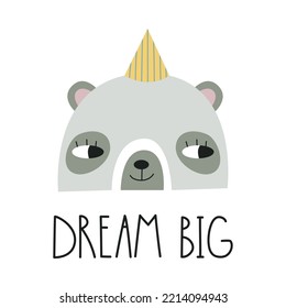 Cute rainbow with panda face and lettering DREAM BIG. Nursery art. Vector illustration