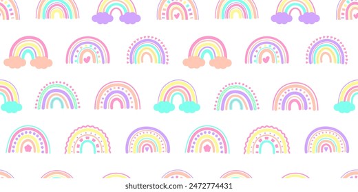 Cute Rainbow Pattern. Seamless Background with Rainbow and Clouds hand drawn. Y2k Holographic cute pattern. Vector illustration isolated on white background