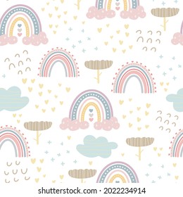 Frische Regenbogenmuster und Buchstaben - genießt jeden Moment. Kreativer kindischer Druck für Stoff, Umhüllung, Textilien, Tapeten, Bekleidung.