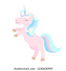 cute rainbow pink unicorn jumps and smiles, multicolored mane and tail 