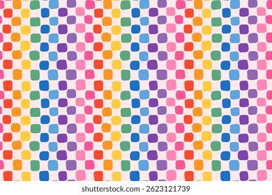 Cute rainbow plaid vector seamless pattern, fun hand drawn irregular wavy squares checkered background