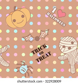 cute rainbow polka dot halloween with pumpkin, mummy and spider seamless background