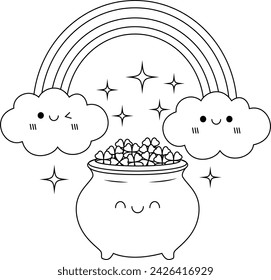 Cute rainbow and pot of green shamrock clover coloring page 