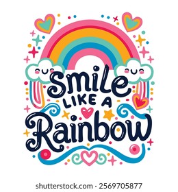 Cute rainbow print t-shirts for girls, with text smiling like a rainbow, with stars, clouds and hearts in pink, blue and orange.