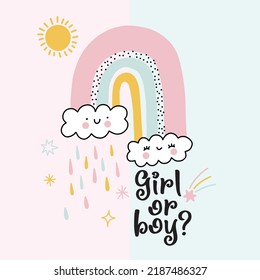 Cute rainbow, rain, cloud and sun vector with boy or girl text. Print design for kids, fabrics and wallpapers etc.