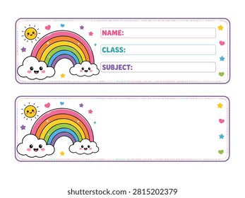 Cute Rainbow School Name Label Vector, Kawaii Cloud and Star Illustration for Kids Book and Notebook Label Template