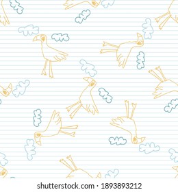 Cute rainbow scribble bird kids doodle background. Hand drawn whimsical motif seamless pattern. Naive simple happy character cartoon for minimal baby fashion, nursery decor, neutral unisex.