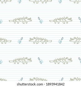 Cute rainbow scribble crocodile kids doodle background. Hand drawn whimsical motif seamless pattern. Naive simple happy character cartoon for minimal baby fashion, nursery decor, neutral unisex.