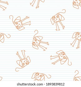 Cute rainbow scribble dog kids doodle background. Hand drawn whimsical motif seamless pattern. Naive simple happy character cartoon for minimal baby fashion, nursery decor, neutral unisex.