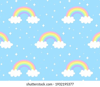 Cute rainbow seamless pattern children theme. Bright colorful rainbows with white clouds and stars on a blue background. Suitable for posters, postcards, fabric, wrapping paper, web design.