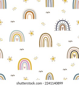 Cute rainbow seamless pattern with clouds on white background, used for print, decor, wallpaper, baby clothes, textiles