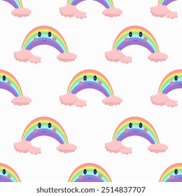 Cute rainbow seamless pattern. Clouds, smile. Children background element, nature, environment. Vector isolated on white background. Graphic print, invitation, wallpaper, nursery, textile.