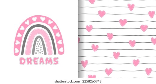 Cute rainbow seamless pattern. Repeating pink cartoon design for prints. Baby scandinavian background. Repeated children patern. Repeat rainbows printing. Nordic abstract printed. Vector illustration