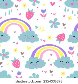 Cute Rainbow seamless pattern. Vector hand drawn rainbow in cartoon Flat style for kids wrapping paper, textile, wallpaper, prints, fabric.