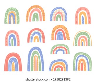 Cute rainbow set, abstract shapes with ornaments, hand drawn elements in modern trendy doodle cartoon style. Minimalist Scandinavian clip art. Vector illustration collection isolated white background