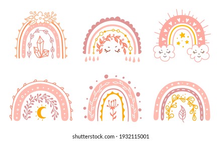 Cute rainbow set for baby girl. Kids prinr for nursery. Vector childish abstract elements. Pink scandinavian rainbow isolated on white background.