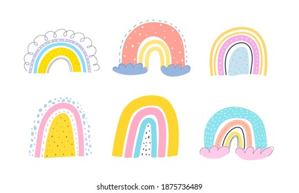 Cute rainbow set. Colorful vector illustration, hand drawing. Isolated on a white background. baby design for print, kids clothes, poster, postcard