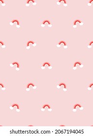 Cute rainbow small scaled regular vector seamless pattern. Boho arc phone wallpaper. Pink and red neutral screen background.