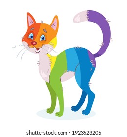 Cute rainbow smiling cat. In cartoon style. Isolated on white background. Vector flat illustration.